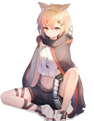 Rule 34 | 1girl, absurdres, ahoge, animal ears, arknights, bare shoulders, belt, black shorts, blonde hair, blouse, cloak, crop top, hair ornament, hairclip, highres, jewelry, knee up, looking at viewer, material growth, midriff, navel, necklace, notched ear, orange eyes, oripathy lesion (arknights), prosthesis, prosthetic arm, shirt, shoes, short hair, shorts, sitting, sleeveless, sleeveless shirt, sneakers, solo, stomach, thighs, torn clothes, vermeil (arknights), white shirt, yanagi (hgkaikai)