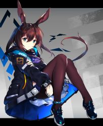 Rule 34 | 1girl, amiya (arknights), animal ears, arknights, ass, black pantyhose, blue eyes, blue jacket, blush, brown hair, chamnaitu, commentary, frills, full body, grey background, hair between eyes, highres, hood, hood down, hooded jacket, jacket, jewelry, long hair, looking at viewer, miniskirt, open clothes, open jacket, pantyhose, parted lips, pleated skirt, pocket, rabbit ears, ring, sidelocks, sitting, skirt, solo