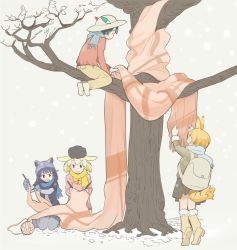 Rule 34 | 10s, 4girls, :d, alternate costume, animal ears, backpack, bag, blonde hair, bucket hat, commentary, common raccoon (kemono friends), fang, fennec (kemono friends), fox ears, fur trim, green hair, grey hair, hat, hat feather, highres, in tree, kaban (kemono friends), kasa list, kemono friends, kneeling, knitting, knitting needle, multicolored hair, multiple girls, needle, open mouth, oversized object, pants, raccoon ears, scarf, serval (kemono friends), serval tail, short hair, sitting, sitting in tree, skirt, smile, tail, tiptoes, tree, v-shaped eyebrows, winter clothes, yarn, yarn ball