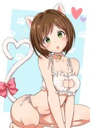 Rule 34 | 10s, 1girl, :o, animal ears, bare shoulders, bell, blush, bow, breasts, brown hair, cat ears, cat lingerie, cat tail, choker, cleavage cutout, clothing cutout, collar, green eyes, head tilt, heart, heart tail, idolmaster, idolmaster cinderella girls, jingle bell, leaning forward, looking at viewer, maekawa miku, meme attire, navel, neck bell, open mouth, panties, paw print, paw print background, short hair, side-tie panties, solo, squatting, tail, tail bow, tail ornament, takeashiro, underwear, v arms, white panties