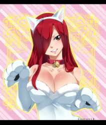 Rule 34 | 1girl, absurdres, animal ears, animal hands, bare shoulders, bell, breasts, brown eyes, cat ears, cat paws, cleavage, collar, erza scarlet, fairy tail, gaston18, grin, hair over one eye, highres, long hair, looking at viewer, neck bell, red hair, smile, solo, teeth