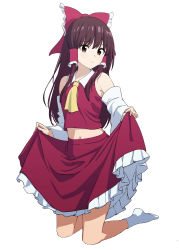 Rule 34 | 1girl, absurdres, ascot, bow, brown eyes, brown hair, closed mouth, clothes lift, detached sleeves, frilled skirt, frills, full body, hair bow, hair tubes, hakurei reimu, highres, kneeling, leon (mikiri hassha), lifting own clothes, long hair, looking at viewer, red bow, red eyes, red shirt, red skirt, shirt, simple background, skirt, skirt lift, socks, solo, touhou, white background, white socks, wide sleeves, yellow ascot