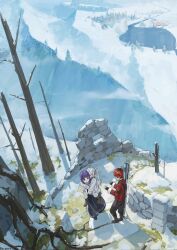 Rule 34 | 1boy, 2girls, artist name, axe, bare tree, black footwear, black hair, black pants, brick, brown footwear, carrying, coat, dated, dor m, fern (sousou no frieren), frieren, highres, lake, long sleeves, looking at another, mountain, multicolored hair, multiple girls, outdoors, pants, piggyback, pine tree, pointy ears, purple eyes, purple hair, red coat, red hair, river, roots, scenery, sleeves past wrists, snow, sousou no frieren, standing, stark (sousou no frieren), tree, twintails, weapon, weapon on back, white hair