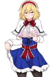 Rule 34 | 1girl, alice margatroid, black pantyhose, blonde hair, blue dress, blue eyes, blush, bow, bowtie, breasts, capelet, clothes lift, clothes pull, cowboy shot, dress, hairband, large breasts, lolita hairband, long sleeves, looking at viewer, pantyhose, poshi (ginmokusei), red bow, red bowtie, sash, short hair, skirt, skirt lift, smile, solo, touhou