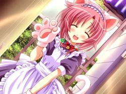 Rule 34 | 1girl, :d, animal ears, animal hands, cat ears, cat paws, cat tail, closed eyes, game cg, gloves, horii kumi, kawamura yuu, maid, open mouth, paw gloves, pink hair, se.kirara, smile, solo, tail