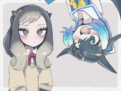 Rule 34 | 2girls, :d, absurdres, alpine marmot (kemono friends), animal ears, black hair, blonde hair, bow, bowtie, collared shirt, common dolphin (kemono friends), dorsal fin, expressionless, fins, green eyes, grey eyes, grey hair, hair between eyes, head fins, highres, impossible hair, kanmoku-san, kemono friends, long hair, long sleeves, looking at viewer, medium hair, multicolored hair, multiple girls, neck ribbon, open mouth, ribbon, sailor collar, shirt, sleeveless, smile, sweater, tail, upside-down, white hair, wing collar