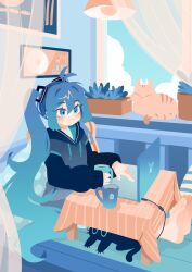 Rule 34 | 1girl, barefoot, black hoodie, blue eyes, blue hair, blue sky, cat, closed mouth, cloud, coffee mug, commentary, computer, cup, curtains, cushion, full body, hair ornament, hatsune miku, highres, hood, hoodie, indoors, laptop, long hair, long sleeves, mug, overhead lights, plant, poster (object), potted plant, projecttiger, sitting, sky, smile, solo, symbol-only commentary, teabag, toes, twintails, very long hair, vocaloid