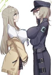 Rule 34 | 2girls, arm under breasts, black coat, black hat, black skirt, blue archive, breast press, breasts, coat, epi zero, eye contact, from side, green eyes, green halo, halo, hat, highres, id card, jacket, large breasts, light brown hair, long hair, long sleeves, looking at another, multiple girls, nonomi (blue archive), off shoulder, peaked cap, shirt, simple background, skirt, suou (blue archive), symmetrical docking, white background, white shirt, yellow jacket