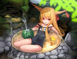 Rule 34 | 1girl, alternate costume, bare shoulders, black one-piece swimsuit, blonde hair, bow, cup, food, fruit, hair bow, horn ornament, horn ribbon, horns, ibuki suika, long hair, looking at viewer, name connection, off shoulder, one-piece swimsuit, open mouth, pointy ears, red eyes, ribbon, rubber duck, sakazuki, saryuu (iriomote), school swimsuit, smile, solo, stream, swimsuit, touhou, water, watermelon