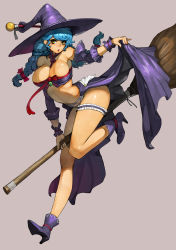 Rule 34 | 1girl, bare shoulders, blue hair, boots, braid, breasts, bridal garter, broom, cleavage, detached collar, detached sleeves, full body, gurimjang, hair ribbon, hat, high heels, highres, holding, large breasts, leaning forward, long hair, looking at viewer, midriff, original, puckered lips, revealing clothes, ribbon, showgirl skirt, simple background, solo, strapless, twin braids, witch, witch hat, wrist cuffs, yellow eyes