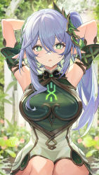 Rule 34 | 1girl, aged up, alternate breast size, armpits, arms up, blush, breasts, catsmoon, cleavage, crossed bangs, dress, genshin impact, green dress, green eyes, grey hair, hair ornament, highres, large breasts, long hair, looking at viewer, nahida (genshin impact), parted lips, pointy ears, side ponytail, sitting, solo, symbol-shaped pupils