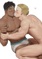 Rule 34 | 2boys, abs, absurdres, bara, biceps, black eyes, black hair, blonde hair, blue eyes, blush, bulge, couple, dark-skinned male, dark skin, erection, facial hair, highres, holding another&#039;s arm, looking at another, male focus, male underwear, manly, mature male, multiple boys, muscular, muscular male, nipples, nude, nywlub (bulwyn), open mouth, original, pectorals, penis, short hair, simple background, spiked hair, stubble, sweat, sweatdrop, teeth, thick arms, thick eyebrows, thick thighs, thighs, tongue, topless male, uncensored, underwear, underwear only, white background, yaoi