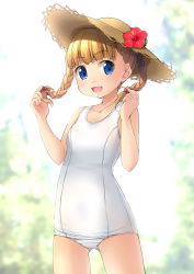 Rule 34 | 1girl, :d, backlighting, blonde hair, bloom, blue eyes, blunt bangs, blurry, blush, braid, breasts, collarbone, cowboy shot, crotch seam, day, depth of field, flower, gluteal fold, hands up, hat, hat flower, head tilt, hibiscus, highres, looking at viewer, old school swimsuit, one-piece swimsuit, open mouth, original, outdoors, school swimsuit, shibacha, small breasts, smile, solo, standing, straw hat, swimsuit, twin braids, twintails, white one-piece swimsuit, white school swimsuit