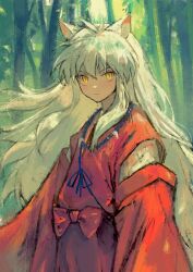 1boy animal_ears expressionless fuyumurasaki hakama highres inuyasha inuyasha_(character) japanese_clothes jewelry long_hair male_focus necklace outdoors red_hakama red_ribbon ribbon solo tree upper_body very_long_hair white_hair yellow_eyes