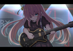 Rule 34 | 1girl, absurdres, black shirt, blue eyes, bocchi the rock!, closed mouth, cube hair ornament, electric guitar, gibson les paul, gotoh hitori, grey skirt, guitar, hair between eyes, hair ornament, hair over eyes, highres, holding, holding instrument, instrument, long hair, looking down, music, nabehuki, one side up, pink hair, playing instrument, pleated skirt, serious, shirt, short sleeves, skirt, solo