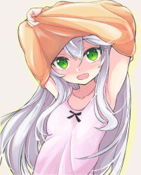 Rule 34 | 1girl, armpits, arms up, blush, camisole, clothes lift, green eyes, highres, jinxerox, lifting own clothes, long hair, open mouth, orange shirt, original, shirt, shirt lift, silver hair, smile, solo, undressing, upper body, white camisole