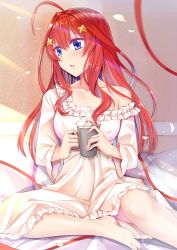 Rule 34 | 1girl, absurdres, ahoge, barefoot, blue eyes, blush, breasts, coffee, coffee mug, commentary request, cup, fingernails, go-toubun no hanayome, gu li, hair ornament, highres, holding, holding cup, long hair, medium breasts, mug, nail polish, nakano itsuki, nightgown, open mouth, pillow, pink nails, red hair, sitting, solo, star (symbol), star hair ornament, symbol-only commentary