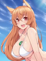 Rule 34 | 1girl, :d, amane hasuhito, animal ears, bad id, bad twitter id, between breasts, bikini, blush, breasts, cleavage, day, eyebrows, fang, fox ears, hair between eyes, huge breasts, large breasts, leaning forward, long hair, looking at viewer, magatama, open mouth, orange hair, outdoors, red eyes, smile, solo, strap gap, sweat, swimsuit, upper body, white bikini