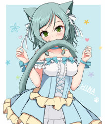 Rule 34 | 1girl, animal ears, bang dream!, bare shoulders, biting, biting own tail, blue background, blue bow, blue choker, blue dress, blush, bow, breasts, cat ears, cat girl, cat tail, center frills, character name, choker, collarbone, commentary, dress, fingernails, frills, green eyes, green hair, hair bow, hands up, heart, hikawa hina, kemonomimi mode, long hair, looking at viewer, medium breasts, pleated dress, solo, sonosakiburi, star (symbol), strapless, strapless dress, swept bangs, tail, tail biting, two-tone background, white background, white bow