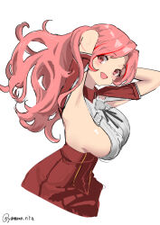 Rule 34 | 1girl, armpit cutout, breasts, clothing cutout, cropped torso, highres, kantai collection, large breasts, long hair, looking at viewer, luigi di savoia duca degli abruzzi (kancolle), multicolored hair, pink eyes, pink hair, pleated skirt, red hair, red shirt, red skirt, shirt, sideboob, simple background, skirt, solo, streaked hair, twitter username, white background, white shirt, yamano rita