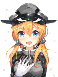 Rule 34 | 10s, 1girl, blonde hair, ginon (sjyh3466), gloves, hair ornament, hat, highres, jewelry, kantai collection, long hair, peaked cap, prinz eugen (kancolle), ring, smile, solo, twintails, uniform, upper body, wedding band