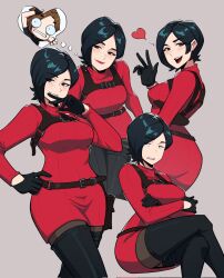 Rule 34 | 1girl, ada wong, aneurysm ax, annoyed, black hair, blush, brown eyes, buckle, corrupted twitter file, expressions, heart, highres, leon s. kennedy, multiple views, red sweater, resident evil, short hair, sweater, thighhighs, waving