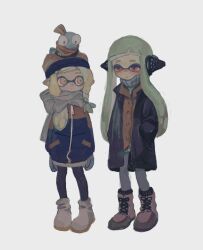 Rule 34 | 2girls, agent 3 (splatoon), agent 3 (splatoon 3), black coat, blonde hair, boots, braid, closed mouth, coat, dr mice, full body, gloves, green hair, grey background, hand in pocket, hat, headphones, highres, inkling, inkling girl, inkling player character, jacket, long hair, long sleeves, multiple girls, nintendo, on head, open clothes, open coat, pointy ears, salmonid, scarf, side braid, simple background, smallfry (splatoon), splatoon (series), splatoon 3, standing, sweater, tentacle hair, turtleneck, turtleneck sweater, twintails