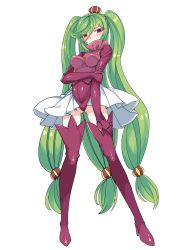Rule 34 | 1girl, absurdres, blush, boots, creatures (company), full body, game freak, gen 7 pokemon, gloves, gluteal fold, green hair, harigane shinshi, high collar, high heel boots, high heels, highres, leotard, long hair, looking at viewer, nintendo, personification, pokemon, red eyes, shiny clothes, showgirl skirt, solo, standing, thigh boots, thighhighs, tri tails, tsareena, very long hair, white background