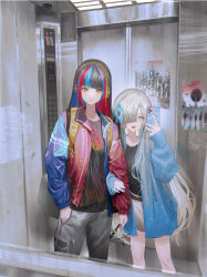 2girls :| absurdres alternate_costume anemone_(flower) backpack bag bare_legs black_hair black_shirt blue_flower blue_hair blue_jacket blue_nails blush braid casual cellphone closed_mouth commentary cowboy_shot diagonal_bangs elevator elevator_door elevator_operator english_commentary eyeshadow flower grey_eyes grey_hair grey_pants grey_skirt hair_flower hair_ornament hair_over_one_eye hairclip harusaruhi headphones highres holding holding_another&#039;s_arm holding_phone indoors isekaijoucho jacket kamitsubaki_studio long_hair long_sleeves looking_at_phone looking_at_viewer makeup mirror multicolored_clothes multicolored_hair multicolored_jacket multiple_girls open_clothes open_jacket open_mouth pants phone print_jacket print_shirt red_hair red_jacket red_nails reflection rklslred2578 shirt side_braid single_braid skirt smile standing streaked_hair taking_picture two-tone_hair very_long_hair virtual_youtuber yellow_eyes yellow_eyeshadow yellow_lips