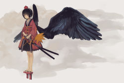Rule 34 | 1girl, absurdres, alternate costume, bare legs, black hair, black skirt, black wings, bob cut, bow, closed mouth, cloud, feathered wings, full body, geta, grey background, hand fan, hat, highres, japanese clothes, katana, kimono, leaf, leaf fan, looking at viewer, looking to the side, orange ribbon, red bow, red eyes, ribbon, sash, scabbard, serious, shameimaru aya, sheath, sheathed, short hair, skirt, solo, standing, sword, tengu-geta, tokin hat, touhou, weapon, white ribbon, wide sleeves, wings, xii yashizhongzhan