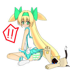 Rule 34 | !, !!, &gt; &lt;, 2girls, arc system works, artist request, ass, bad id, bad pixiv id, blazblue, blazblue: continuum shift, blonde hair, blush, bow, closed eyes, clothes lift, green eyes, hair bow, heart, kaka kittens, long hair, multiple girls, panties, platinum the trinity, sitting, skirt, skirt lift, striped clothes, striped panties, symbol-shaped pupils, twintails, underwear, very long hair, wariza