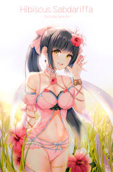 Rule 34 | 1girl, :d, absurdres, babydoll, black hair, blush, bnari, breasts, choker, cleavage, commentary, cowboy shot, detached sleeves, earrings, english commentary, flower, hair flower, hair ornament, hand up, hibiscus, highres, jewelry, long hair, looking at viewer, navel, open mouth, original, panties, pink babydoll, pink panties, ponytail, smile, solo, stomach, thighlet, underwear, yellow eyes