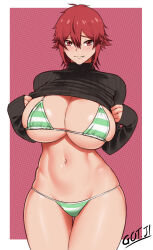 Rule 34 | 1girl, absurdres, aizawa tomo, artist name, bikini, black sweater, blush, border, breasts, closed mouth, clothes lift, cowboy shot, dotted background, fang, got ji (gojich1), green bikini, hair between eyes, highres, huge breasts, lifting own clothes, looking at viewer, navel, red background, red eyes, red hair, ribbed sweater, shiny skin, short hair, skindentation, sleeves past wrists, solo, standing, stomach, striped bikini, striped clothes, sweater, sweater lift, swimsuit, thick thighs, thighs, tomo-chan wa onna no ko, toned, turtleneck, turtleneck sweater, underboob, white border
