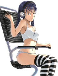 Rule 34 | bare shoulders, black hair, chair, headphones, long hair, midriff, panties, solo, striped clothes, striped thighhighs, tank top, thighhighs, twintails, underwear, yoneda taishou