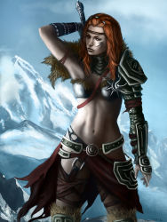 Rule 34 | 1girl, armor, axe, barbarian, breasts, cold, female focus, navel, outdoors, serious, sky, snow, solo, standing, serious, viking, warrior, weapon