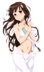 Rule 34 | 10s, 1girl, absurdres, amagi brilliant park, bed sheet, blush, brown eyes, brown hair, collarbone, cowboy shot, fujita haruka, groin, hair ornament, highres, holding, koborii (amaburi), long hair, looking at viewer, multi-tied hair, naked sheet, navel, nude, own hands together, scan, simple background, solo, very long hair, white background