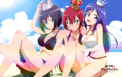 Rule 34 | 3girls, absurdres, beach, black hair, blue eyes, blush, breasts, cleavage, crown, day, grey eyes, highres, joukamachi no dandelion, large breasts, long hair, looking at viewer, multiple girls, navel, official art, open mouth, outdoors, purple hair, red eyes, red hair, sakurada akane, sakurada aoi, sakurada kanade, sand, short hair, sitting, small breasts, smile, swimsuit