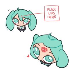 Rule 34 | 1girl, :3, absurdres, ahoge, aqua eyes, aqua hair, chibi, commentary, detached sleeves, dot nose, english commentary, english text, eyelashes, from above, full body, hatsune miku, heart, highres, legs apart, lipstick mark on forehead, long hair, meme, multiple views, necktie, paranoid ghosts, place lips here (meme), simple background, skirt, standing, twintails, twitter username, very long hair, vocaloid, white background