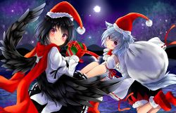 Rule 34 | 2girls, black hair, black skirt, black wings, box, chikuwa savy, closed mouth, detached sleeves, feathered wings, gift, gift box, gloves, hat, inubashiri momiji, looking at viewer, multiple girls, night, night sky, outdoors, puffy shorts, red eyes, red footwear, red gloves, red hat, red scarf, ribbon-trimmed sleeves, ribbon trim, sack, santa hat, scarf, shameimaru aya, shoes, shorts, skirt, sky, smile, touhou, wings