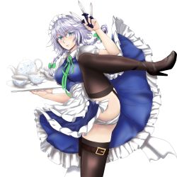 Rule 34 | 1girl, absurdres, apron, between fingers, black footwear, black thighhighs, blue dress, blue eyes, blush, bow, braid, breasts, cup, dagger, derivative work, dress, floating, garter straps, hair bow, high heels, highres, holding, holding knife, izayoi sakuya, knife, large breasts, leg lift, leg up, levitation, looking at viewer, maid, maid apron, maid headdress, panties, pantyshot, playn, puffy short sleeves, puffy sleeves, ribbon, saucer, shirt, shoes, short dress, short hair, short sleeves, silver hair, solo, spread legs, standing, standing on one leg, tea, teacup, teapot, thigh strap, thighhighs, tk31, touhou, transparent background, tray, twin braids, underwear, upskirt, weapon, weapon in garters, white panties, white shirt, white thighhighs