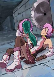 Rule 34 | 2girls, bisected, black gloves, black thighhighs, boots, circular saw, commentary, detached sleeves, dungeon, english commentary, gloves, hair ornament, hair ribbon, hand on own head, highres, lying, mixed-language commentary, monster girl, multiple girls, original, pink eyes, purple hair, ribbon, sagittal plane cutting, saw, skirt, sleeveless, solo focus, sweatdrop, thighhighs, vanillaklein