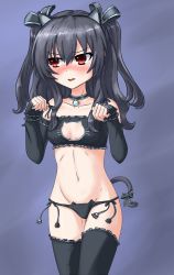 Rule 34 | 10s, 1girl, animal ears, bell, black bra, black hair, black panties, blush, bra, cat cutout, cat ear panties, cat ears, cat lingerie, cat tail, choker, cleavage cutout, clothing cutout, hair ornament, highres, jingle bell, lingerie, long hair, md5 mismatch, meme attire, navel, neck bell, nepples, neptune (series), open mouth, panties, red eyes, side-tie panties, solo, stomach, tail, thighhighs, underwear, underwear only, uni (neptunia)
