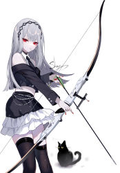 Rule 34 | 1girl, absurdres, arrow (projectile), bad id, bad pixiv id, bare shoulders, black cat, black hairband, black jacket, black necktie, black skirt, black thighhighs, bow (weapon), cat, commentary, feet out of frame, hairband, highres, holding, holding bow (weapon), holding weapon, jacket, long hair, looking at viewer, midriff, miniskirt, nail polish, necktie, off shoulder, original, red eyes, red nails, sheya, silver hair, simple background, skirt, skirt set, solo, standing, thighhighs, weapon, white background, zettai ryouiki