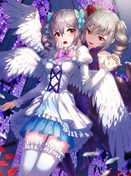 Rule 34 | 10s, 1girl, angel wings, black wings, dress, drill hair, dual persona, feathers, flower, frilled thighhighs, frills, hand on another&#039;s cheek, hand on another&#039;s face, holding hands, idolmaster, idolmaster cinderella girls, juliet sleeves, kanzaki ranko, kfr, long hair, long sleeves, nail polish, open mouth, puffy sleeves, red eyes, rosenburg engel, selfcest, silver hair, stained glass, thighhighs, twin drills, twintails, white wings, wings, yuri