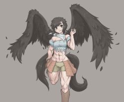 Rule 34 | 1girl, abs, bandana, bare shoulders, black hair, black wings, blue bandana, blue shirt, boots, breasts, brown footwear, brown skirt, cleavage, closed mouth, falling feathers, feathered wings, feathers, flannel, foot out of frame, hand up, holding leg, horse girl, horse tail, kurokoma saki, legs, long hair, medium breasts, midriff, muscular, muscular female, navel, no headwear, off-shoulder shirt, off shoulder, pegasus wings, ponytail, red eyes, sheepapp, shirt, short sleeves, simple background, skirt, smile, solo, swept bangs, tail, thick thighs, thighs, touhou, wings
