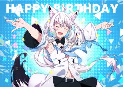 Rule 34 | 1girl, :d, \m/, ^ ^, absurdres, ahoge, animal ear fluff, animal ears, blush, braid, breasts, closed eyes, cno, fox ears, fox girl, fox shadow puppet, fox tail, hair between eyes, happy birthday, highres, hololive, long hair, open mouth, outstretched arms, ponytail, shirakami fubuki, shirakami fubuki (1st costume), side braid, smile, solo, tail, virtual youtuber, white hair