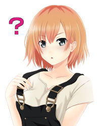 Rule 34 | 10s, 1girl, ?, blue eyes, brown hair, looking at viewer, miyamori aoi, nonaka chikin, overalls, shirobako, shirt, simple background, solo, strap pull, t-shirt, translation request, white background, white shirt
