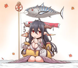 Rule 34 | 1girl, antenna hair, black hair, blush, breasts, character doll, character request, cleavage, danua, draph, dress, gradient background, granblue fantasy, hair between eyes, hand up, highres, horns, innertube, kneeling, koinobori, large breasts, leaf, long dress, maple leaf, pointy ears, pole, rantana (lalalalackluster), red eyes, sitting, solo, swim ring, thumb to mouth, tuna, vyrn (granblue fantasy), windsock