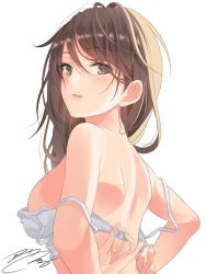 Rule 34 | 10s, 1girl, bad id, bad twitter id, bare back, bare shoulders, blush, bra, bra strap, breasts, brown hair, fumika asano, girls und panzer, highres, long hair, looking at viewer, mika (girls und panzer), parted lips, sideboob, signature, simple background, solo, underwear, underwear only, white background