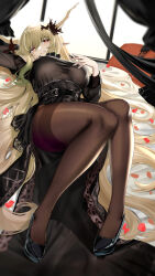 Rule 34 | absurdly long hair, ambience synesthesia, arknights, black dress, black pantyhose, breasts, covered erect nipples, demon horns, dress, hand on own chest, hand up, high heels, highres, horns, knees together feet apart, knees up, large breasts, long hair, lying, on back, pantyhose, petals, pointy ears, see-through, shining (arknights), smile, srpzk, very long hair